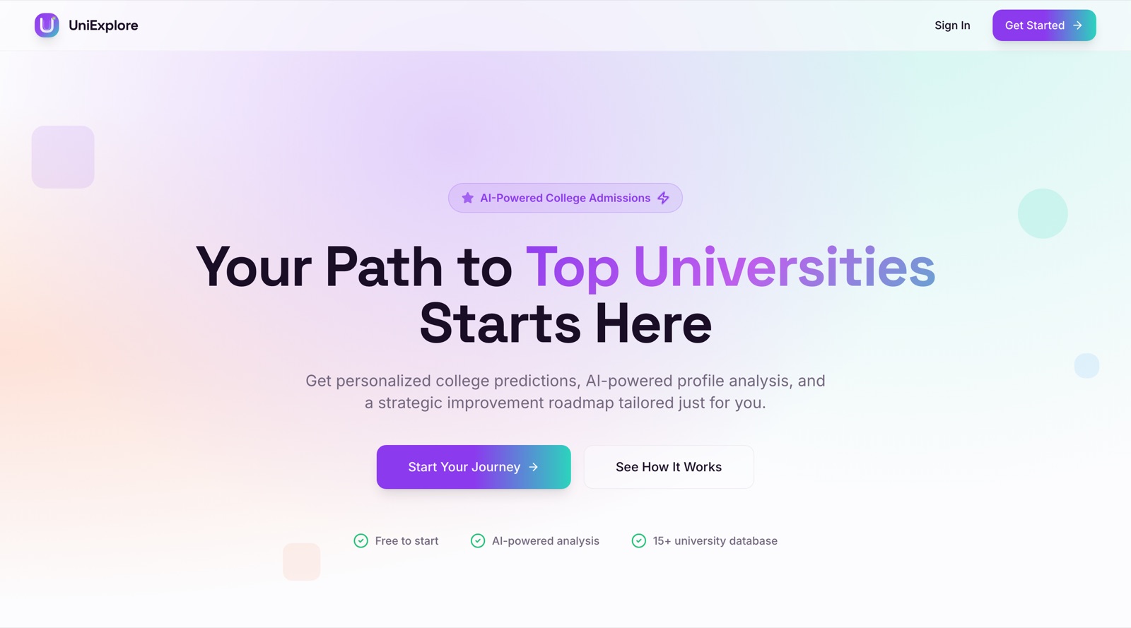 UniExplore landing page: Your path to top universities starts here